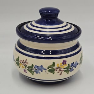 Vintage Handgemachte Handbemalte Keramik Schüssel Blau Floral Mit Deckel Made In Griechenland