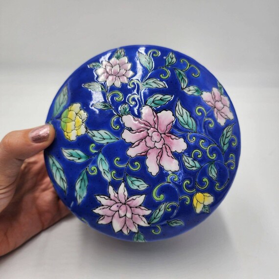 Vintage Ceramic Chinoiserie Blue Large Jewelry Tr… - image 3