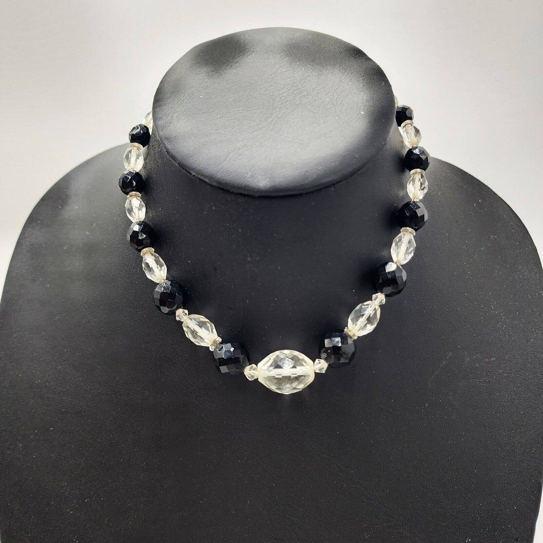 Art Deco Original Black Glass & Clear Frosted Glass Bead