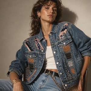 May include: A blue denim jacket featuring patchwork panels with various patterns including leopard print, floral motifs, and textured brown fabric. The jacket has a classic collar, metal button closures, and long sleeves, worn over a plain white tank top.