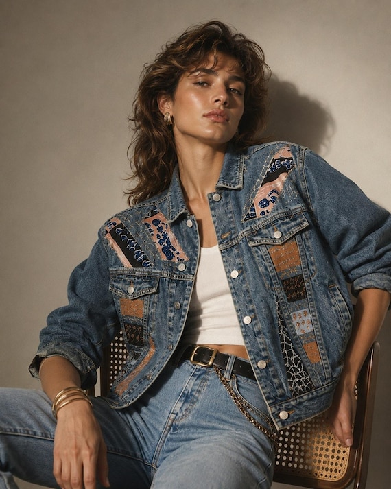 Vtg 80s Upcycled Handmade Denim Jean Jacket Patchwork Button up 