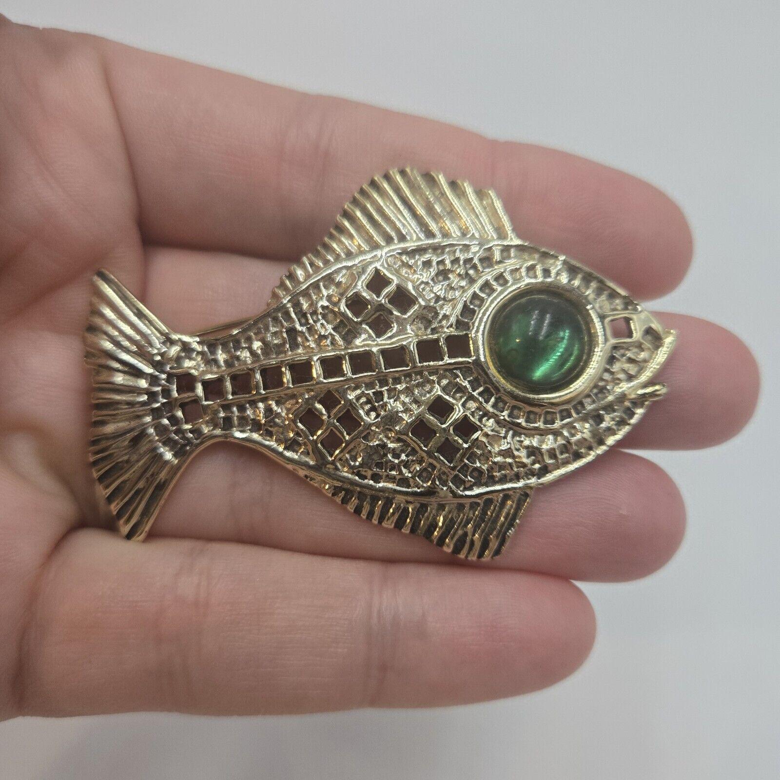 Broche Poisson Argentée Avec Cabochon Verre Vert, Bijou Rétro Unique N°5878 - Occasion Très Bon état