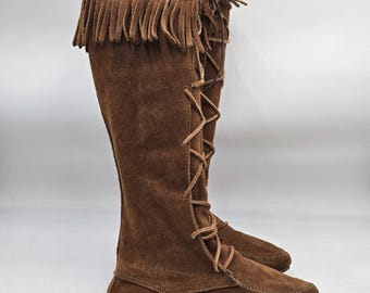 Minnetonka Brown Lace Front Knee High Suede Fringe Moccasins Festival Boots Sz 7