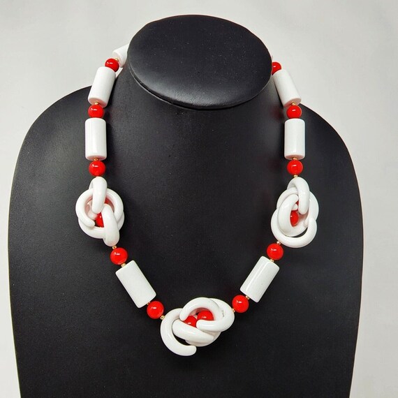 Vintage Red and White Plastic Statement Necklace … - image 1
