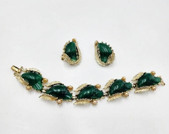 Set di braccialetti con orecchini a clip Coro vintage, demi parure in finto vetro di Pechino verde