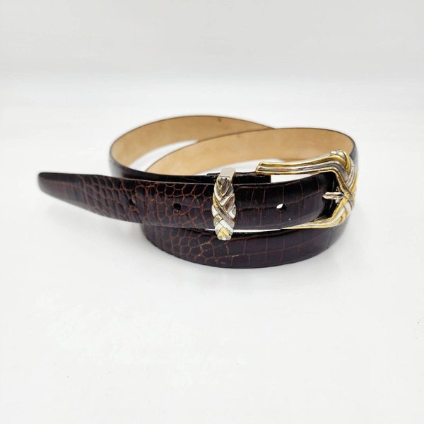 Vintage 90s Bill Adler Studio Croc Embossed Leather Brown Belt XL Fits 36-40"