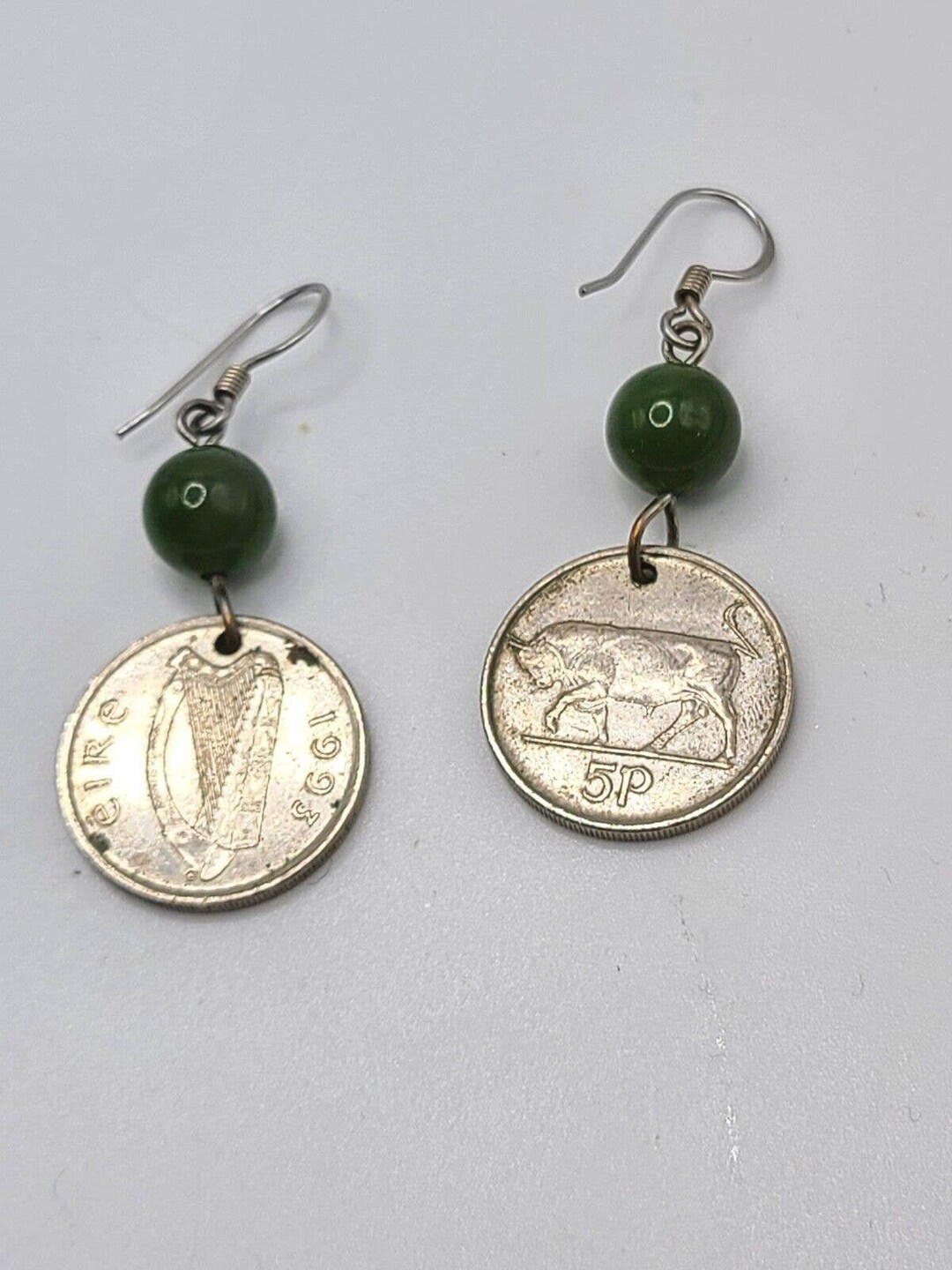 Vintage Lucky Irish Harp Bull Earrings Ireland Five Pence Coins Jade