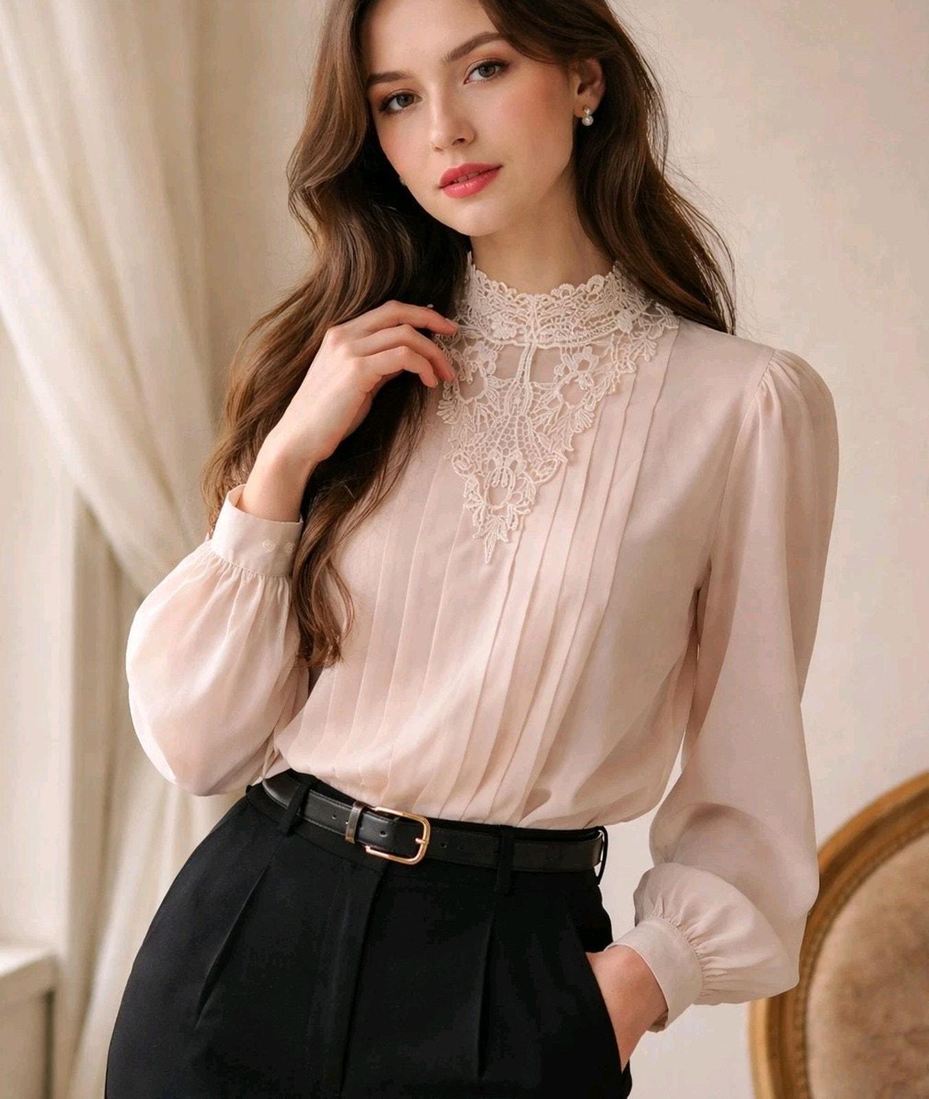 80s womens high neck ruffled shirt - Etsy 日本