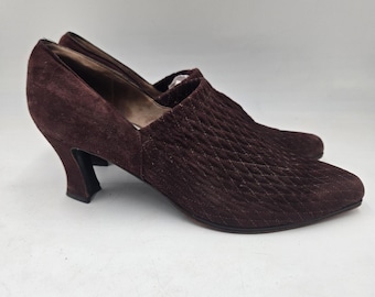 Vintage 90s Prevata Italy Brown Suede Victorian Revival Shoes Quilted Heels 9