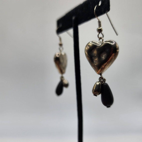 Vintage Silver Plated Textured Puffy Heart Dangle… - image 2