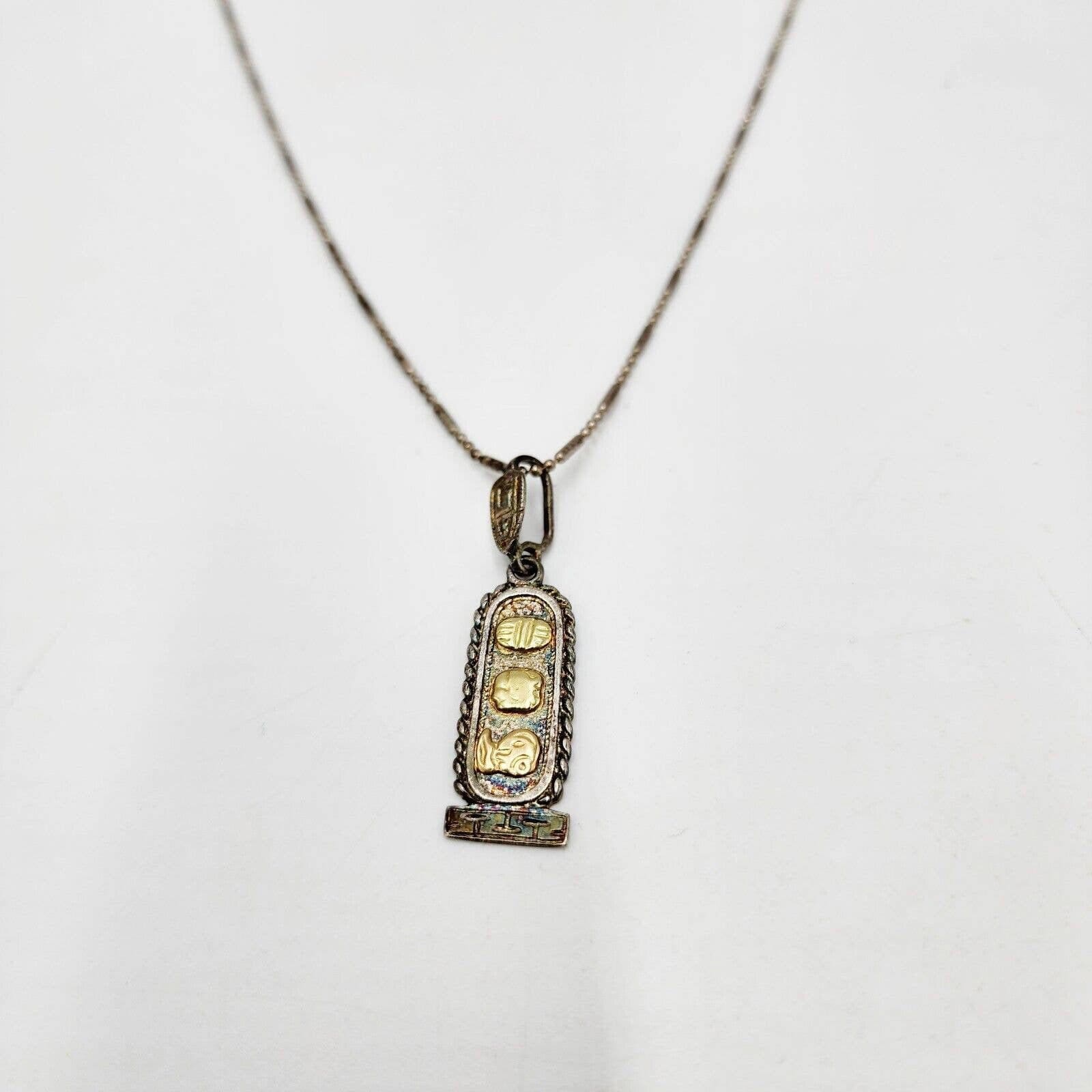Vintage Sterling Silver 14k Maya Glyphs Cartouche MEXICO Necklace Pendant 20 Etsy