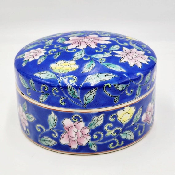 Vintage Ceramic Chinoiserie Blue Large Jewelry Tr… - image 1