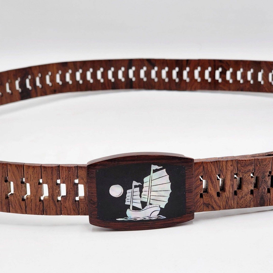 Ship Inlay Vintage 1970s Mother of Pearl Ship Inlay Wood Buckle Belt Carved Fits ...