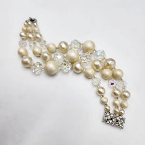 Vintage Chunky Faux Pearl Glass Crystal Beaded Multi Strand Bracelet Box Clasp