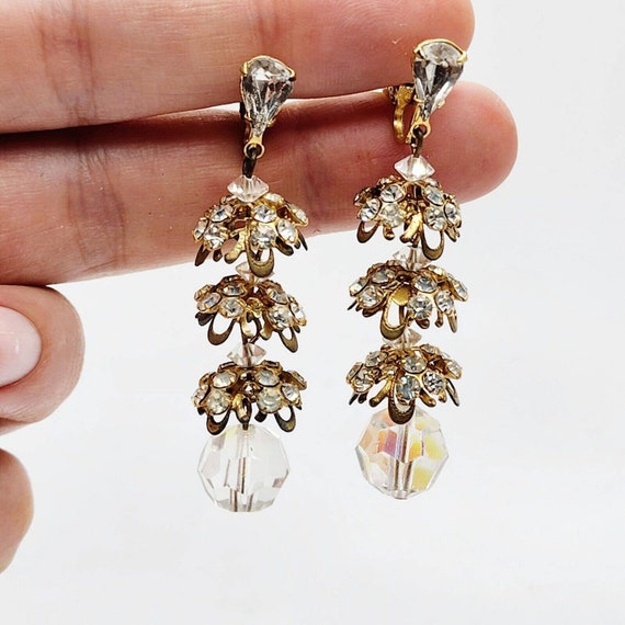 Vintage Elegant AB Crystal Clip Drop Earrings Laye