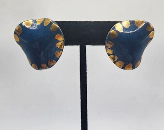 Vintage Artisan Hand Painted Ceramic Clip On Earrings Blue Gold Painted Unique