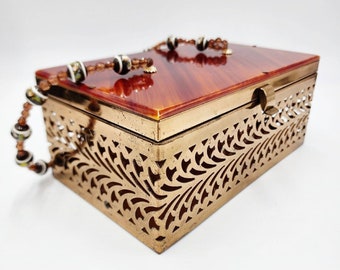 Vintage 1950&#39;s Tortoiseshell Amber Color Lucite Brass Filigree Box Purse Beaded
