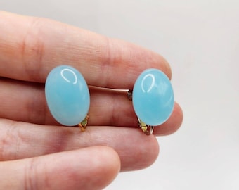 Vintage Signed Les Bernard Aqua Blue Glass Cabochon Runway Couture Clip Earrings