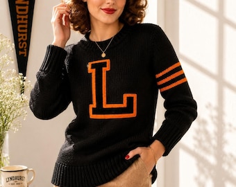 Suéter universitario vintage de los años 40, de lana, talla L, para mujer, talla M, azul marino y naranja.