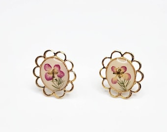 Vintage Real Pressed Dried Pink Tiny Flowers Resin Stud Earrings Gold Tone Frame