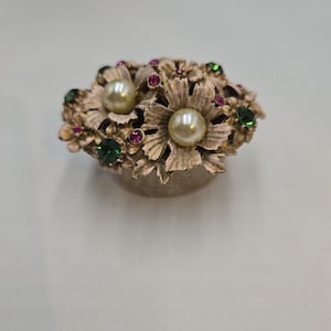 Vintage Florenza Pearl Rhinestone Pink Enamel Flower Jewelry Trinket Box Metal
