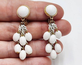 Vintage Monet White Beaded Gold Tone Chandelier Clip Dangle Earrings 1960s