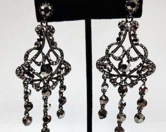 Vintage Formal Statement Earring Chandelier Black Grey Rhinetone Victorian Style