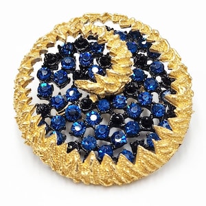 Vintage Gold Tone Blue Rhinestone Incredible Sparkling Swirl Brooch