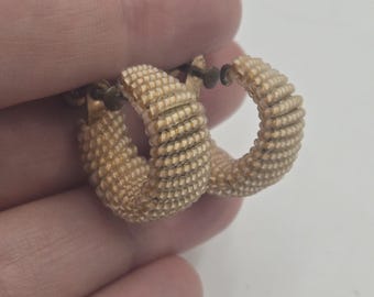 Vintage Artisan Handmade Gold Tan Beaded Screwback Hoop Wire Wrapped Earrings