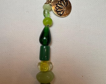 Green Beaded Zipper Pull, Lotus Bag Charm, Handmade