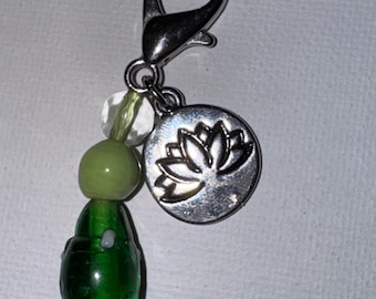 Green Beaded Zipper Pull, Silver Lotus Charm, Handmade Bag Charm