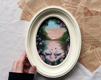 Swan Couple Oil Painting: Romantic Framed Oval Wall Art
