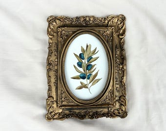 Framed Olive Branch Oil Painting: Vintage Kitchen Wall Art