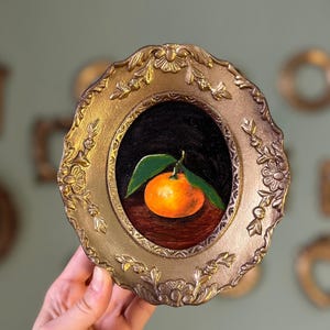 Miniature Still Life Mandarin Oil Painting, Vintage Oval Ornate Framed Orange Fruit Illustration, Kitchen Wall Art Decor, Realistic Antique