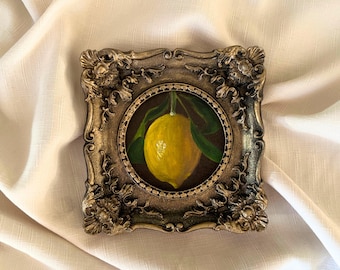 Pintura a óleo vintage emoldurada: Natureza morta com limões, arte de parede para cozinha
