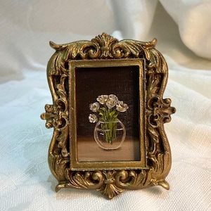 Miniature White Roses Oil Painting: Antique Gold Frame, Rustic Wall Art