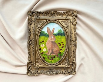Pintura al óleo original de un conejito: retrato vintage de conejo enmarcado, regalo hecho a mano para amantes de los animales.