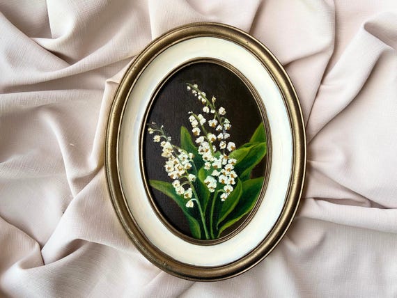 Textured Lily of the Valley Oil Painting: White Oval Handmade Framed Wall Hanging