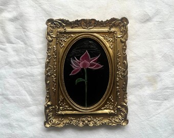 Small Pink Peony Still Life Oil Painting: Vintage Framed Wall Art, Original Flowers Artwork