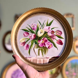Vintage Goldene Runde gerahmte Gemälde Tulpe Wilde Blumen, Tulpe Blume Original Gemälde Kleine Blumen Miniatur Kunstwerk Wand Stillleben Geschenk