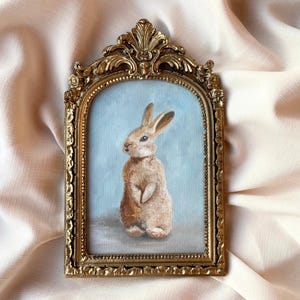 Original Bunny Oil Painting, Cute Rabbit Portrait in Handmade Frame, Gallery Wall Art Animals, Vintage Looking Moody Artwork, Adorable Gift