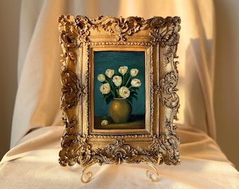 Ramo de rosas blancas de estilo vintage: pintura al óleo original enmarcada pequeña