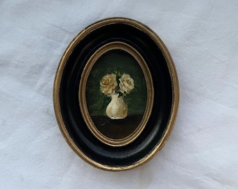 Little White Peony Oil Painting: Oval Vintage Framed Moody Wall Art