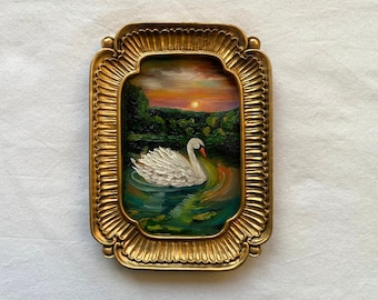 White Swan in Sunset Oil Painting: Romantic Lake Wall Art, Vintage Framed decor