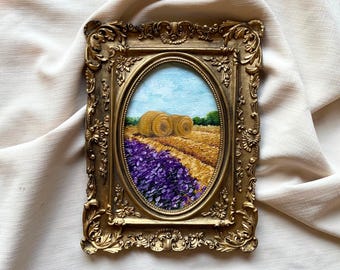 Pintura al óleo de campo de lavanda: arte mural original vintage con marco ovalado