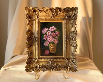 Mini Pink Peony Oil Painting: Vintage Floral Still Life in Ornate Gold Frame