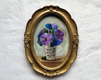 紫色のパンジーの花の油絵：花の静物画ヴィンテージウォールアート