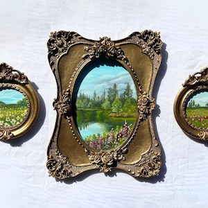 Original Landscape Lake Oil Painting Set of 3, Vintage Look Handmade Framed Wall Art Decor, Scenery Painting Housewarming Gift for Art Lover