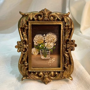 Little Hand Painted Gift, Vintage Framed Hydrangea Oil Painting, Small Shelf Art Decor, Unique Antique Mood Classic Home Decor, Still Life