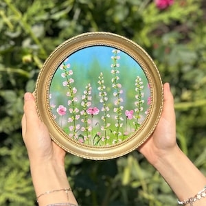 Vintage Golden Round Framed Textured Painting Wild Flowers, Original Floral Artwork, Tiny Flowers Painting, Small art, Anniversary gift